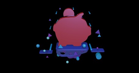 Fototapete - Red piggy bank symbol on a pedestal of abstract geometric shapes floating in the air. Abstract concept art with flying shapes in the center. 3d illustration on black background