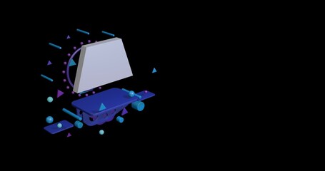 Fototapete - White trapezoid symbol on a pedestal of abstract geometric shapes floating in the air. Abstract concept art with flying shapes on the left. 3d illustration on black background