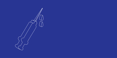 Fototapete - The outline of a large syringe symbol made of white lines on the left. 3D view of the object in perspective. Vector illustration on indigo background