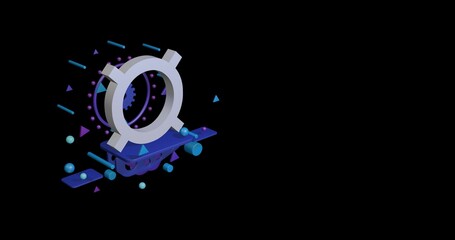 Poster - White currency sign on a pedestal of abstract geometric shapes floating in the air. Abstract concept art with flying shapes on the left. 3d illustration on black background