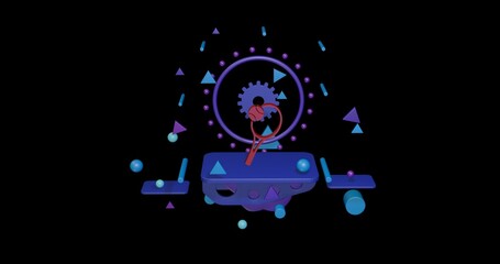 Fototapete - Red tennis symbol on a pedestal of abstract geometric shapes floating in the air. Abstract concept art with flying shapes in the center. 3d illustration on black background