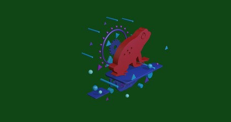 Fototapete - Red frog symbol on a pedestal of abstract geometric shapes floating in the air. Abstract concept art with flying shapes in the center. 3d illustration on green background