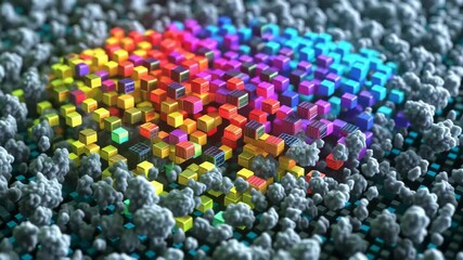 Poster - Colorful Neon Cubes Dissolving into Clouds in a Pixelated 3D Digital Artwork