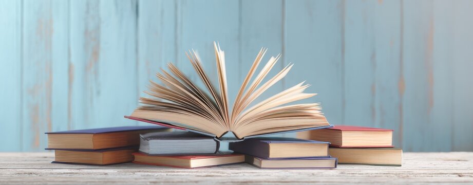 The open book surrounded by neatly stacked colorful books on a wooden table.