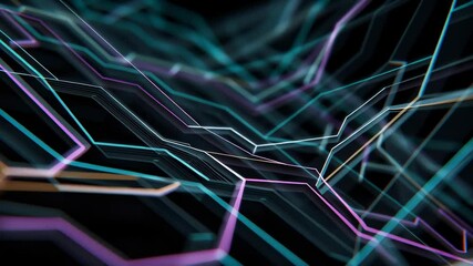 Poster - Geometric Neon Flow Interface Close-Up with Dynamic Lines and Abstract Shapes in Dark Background