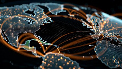 Poster - Holographic World Map with Data Transfer Lines and Digital Connections Visual Representation