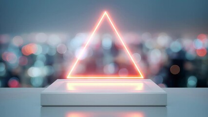 Poster - Futuristic Neon Triangle Frame with Pulsating Pink Light Against Blurred City Background