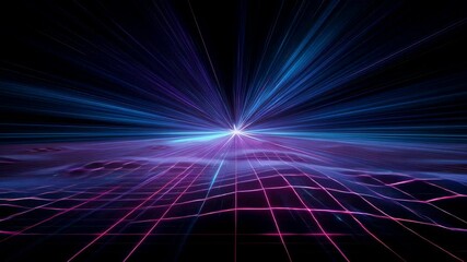 Poster - Dynamic Radial Network of Fine Light Beams Converging in Vibrant Colors on a Dark Background