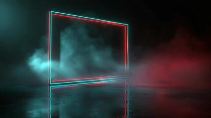 Poster - Neon Floating Rectangular Frame with Beveled Edges Surrounded by Glowing Mist and Shadows