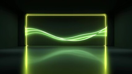 Poster - Abstract Neon Wave Frame with Glowing Lines in Dark Space and Reflective Surface