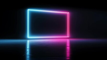 Poster - Sleek Neon Rectangular Frame Floating in Air with Reflections on Dark Background