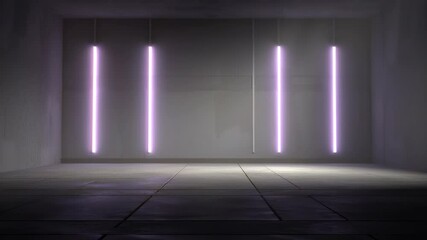 Poster - Asymmetric Neo Light Frame Composed of Glowing Vertical Bars in an Empty Room