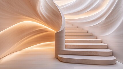Aufkleber - Warm sunlight casting soft shadows on curved white architectural steps against sleek minimalist wall surface