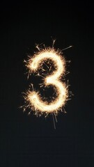 Poster - Light painting depicting glowing number three with energy sparklers, sparkling dark background with festive vibrant illuminating