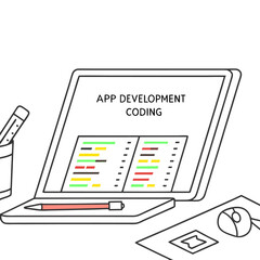Poster - Laptop displaying app development coding with a pencil, mouse, and paper on a white surface design work
