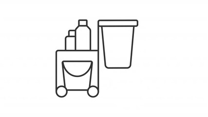 Poster - Cleaning service line animation. Housework tools animated icon. Moving cleaner cart. Shaking bucket. Equipment, instruments. Outline element on white background. HD video with alpha channel