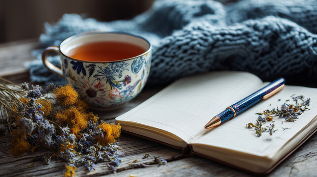 Mindfulness journal and pen beside herbal tea cup