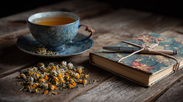 Mindfulness journal and pen beside herbal tea cup