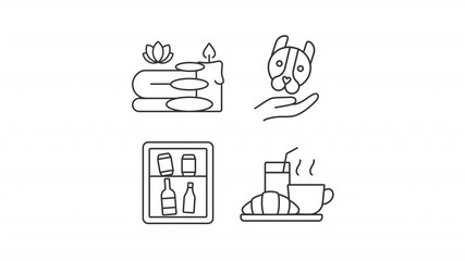 Poster - Hospitality services line animation set. Hotel work animated icons. Pet care. Mini bar. Relaxation therapy, breakfast. Outline elements on white background. HD video with alpha channel