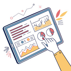 Poster - Hand interacting with data charts and graphs displayed on a tablet screen with decorative elements around it