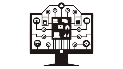 Poster - Black and white illustration of a computer monitor with a circuit board design on the screen area