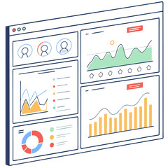 Poster - Isometric dashboard interface displaying various charts and graphs for data analysis and visualization