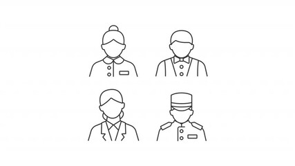 Poster - Hotel employees line animation set. Hospitality industry animated icons. Casino croupier, bellboy. Professional uniform. Outline elements on white background. HD video with alpha channel