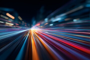 Fototapete - 
Abstract background with colorful, glowing light streaks and lines moving rapidly in perspective, representing the speed of data transfer or technology in the digital world.