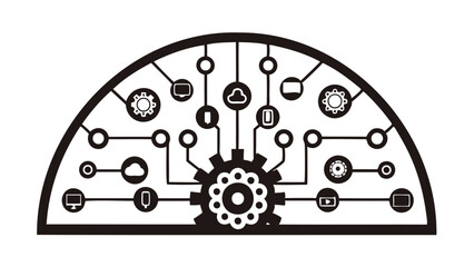 Poster - Black and white graphic showing a gear connected to various devices in a semicircular arrangement