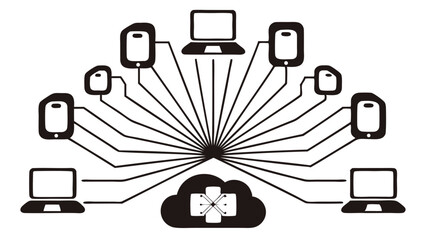 Poster - Illustration of network connectivity with laptops phones and a cloud server in black and white style