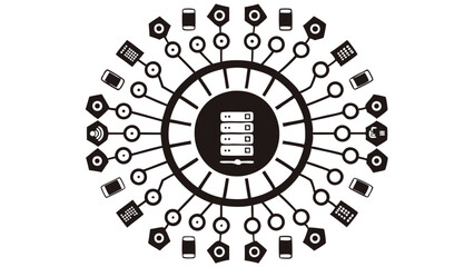 Poster - Illustration of a server connected to various devices in a circular network arrangement with icons
