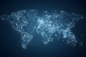 Fototapete - 
Abstract digital world map with global network connections, on a blue background. Concept of connectivity