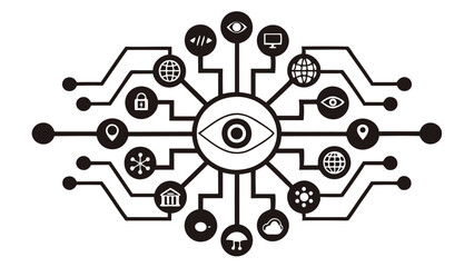 Poster - Eye in center with connected icons representing technology and network communication elements shown