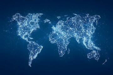Fototapete - 
Abstract digital world map with global network connections, on a blue background. Concept of connectivity