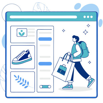 Man with backpack and shopping bag browsing online store on computer screen with product display interface