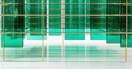 Poster - Minimalist installation features repeating glass cubes, brass framework. Reflective surfaces create depth, light interplay. Clean lines, modern aesthetic.
