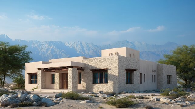A serene, architectural rendering of a contemporary home nestled harmoniously against a mountainous backdrop, exuding a sense of peace and luxury.