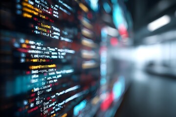Poster - 
Close-up of an interactive screen displaying code in the foreground, with blurred-out digital marketing tools and tech gadgets in the background