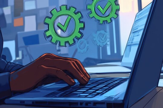 Person working on a laptop with success icons.