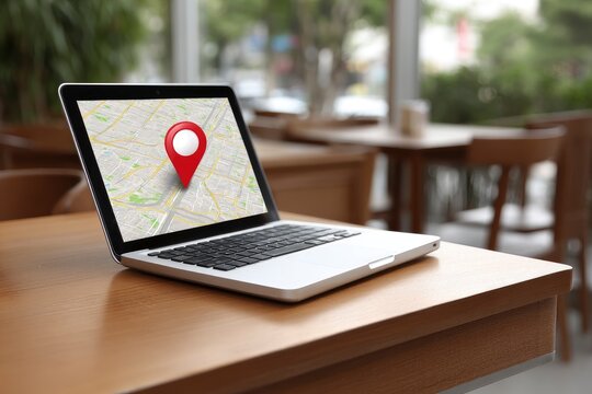 Laptop displays map w red pin Wood table in cafe setting