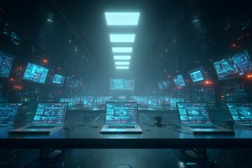 Poster - 
Digital illustration of an advanced data center with multiple laptops and digital screens, surrounded by glowing blue lights,