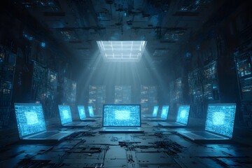 Poster - 
Digital illustration of an advanced data center with multiple laptops and digital screens, surrounded by glowing blue lights,