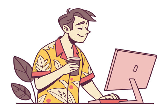 Happy man in a hawaiian shirt working on a computer with a drink and plants enjoying a relaxed work environment