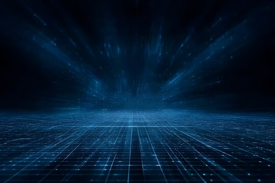 Abstract blue digital grid background with light rays and space for text. Digital technology, big data or cyber security concept.