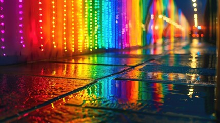 Poster - Bold rainbow wall art mirrored in wet pavement during golden hour glow