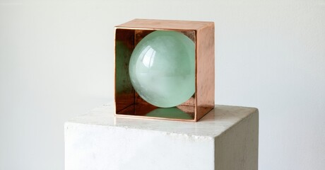 Poster - Sculpture features sphere within copper cube. Minimalist design rests upon white pedestal. Soft lighting highlights form, texture.