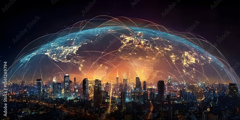 Earth with global network connections linking cities across continents ...