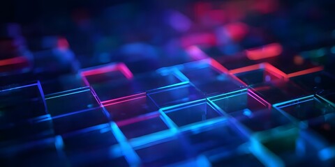 Poster - Abstract digital background with glowing holographic cubes and lines in blue, green, and purple colors on a dark black background.