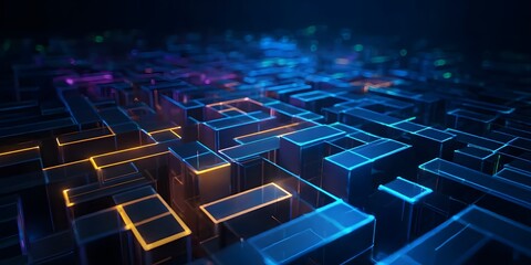 Poster - Abstract digital background with glowing holographic cubes and lines in blue, green, and purple colors on a dark black background.