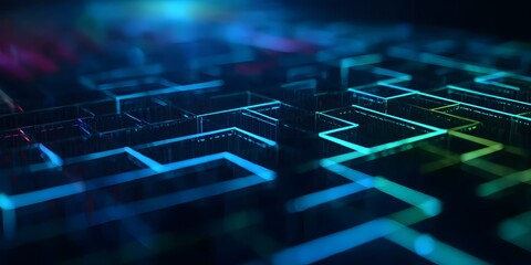 Poster - Abstract digital background with glowing holographic cubes and lines in blue, green, and purple colors on a dark black background.
